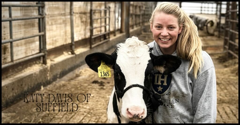 A smiling young woman standing with a black and white Holstein cow in a professional farming facility,