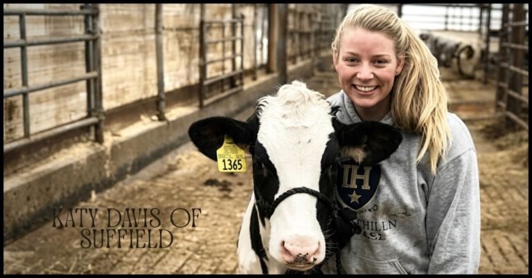 A smiling young woman standing with a black and white Holstein cow in a professional farming facility,